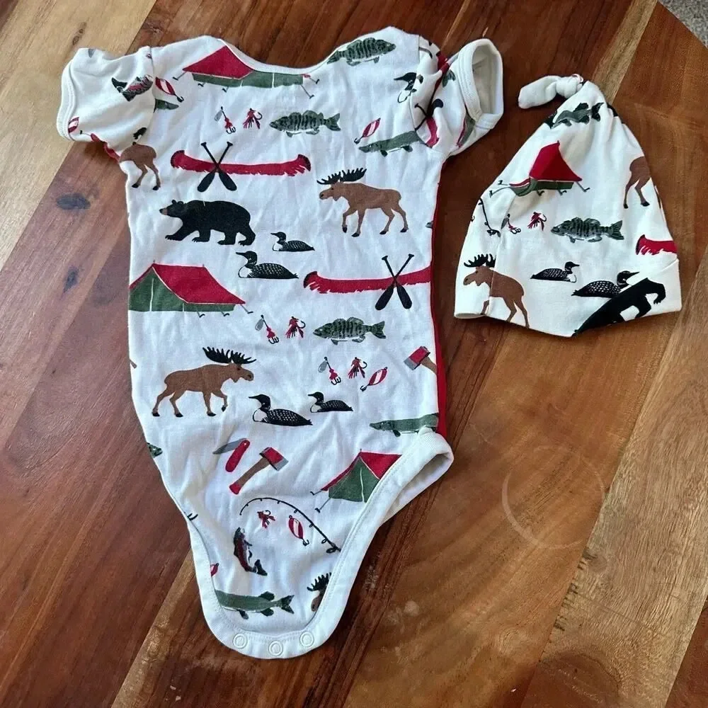 Little Blue House Happy Camper‎ Onesie Matching Hat 12-18M Hunting Camping